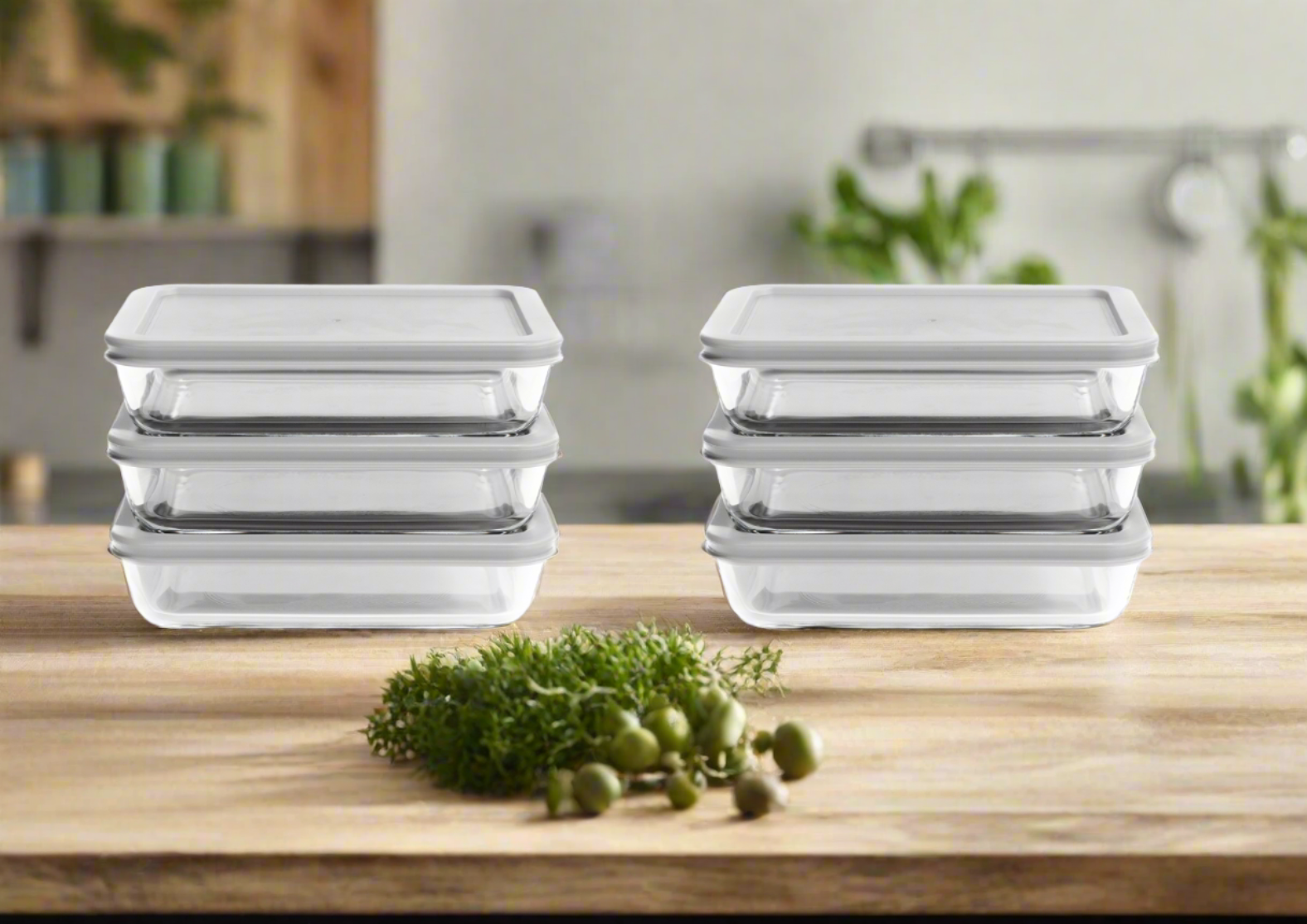 Glass Food Storage Containers - 12 Piece (6 Containers + 6 Lids) Rectangular Nesting Space-Saving Set