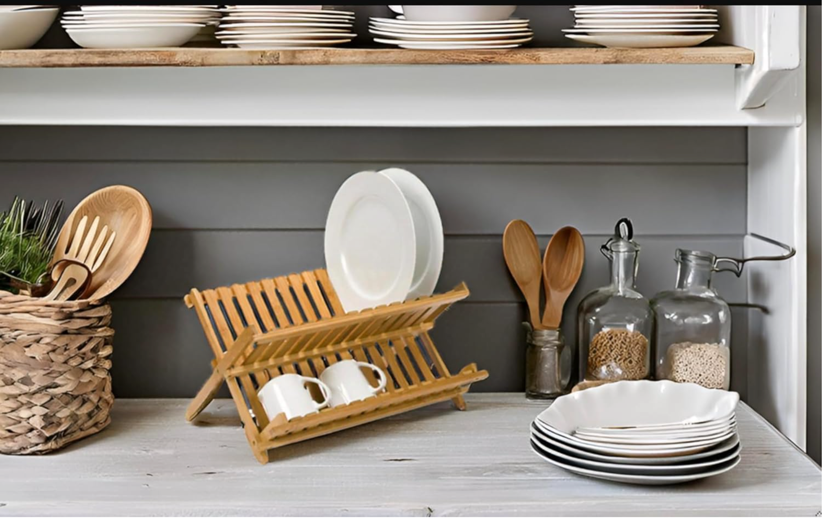Bamboo Dish Drying Rack 2-Tier Foldable Dish Rack for Kitchen