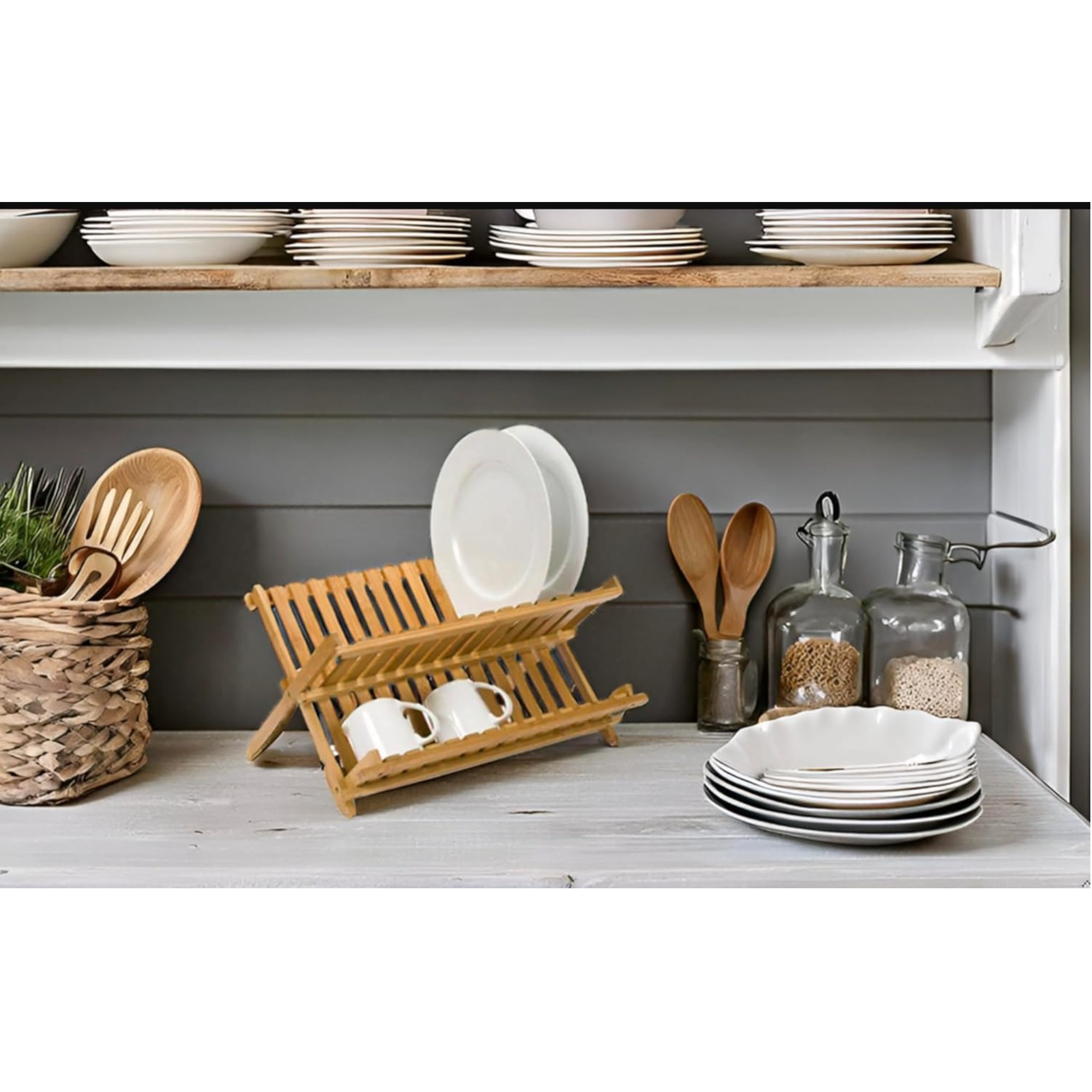 Bamboo Dish Drying Rack - 2-Tier Foldable Dish Rack for Kitchen Counter – Full Set – Dura Living
