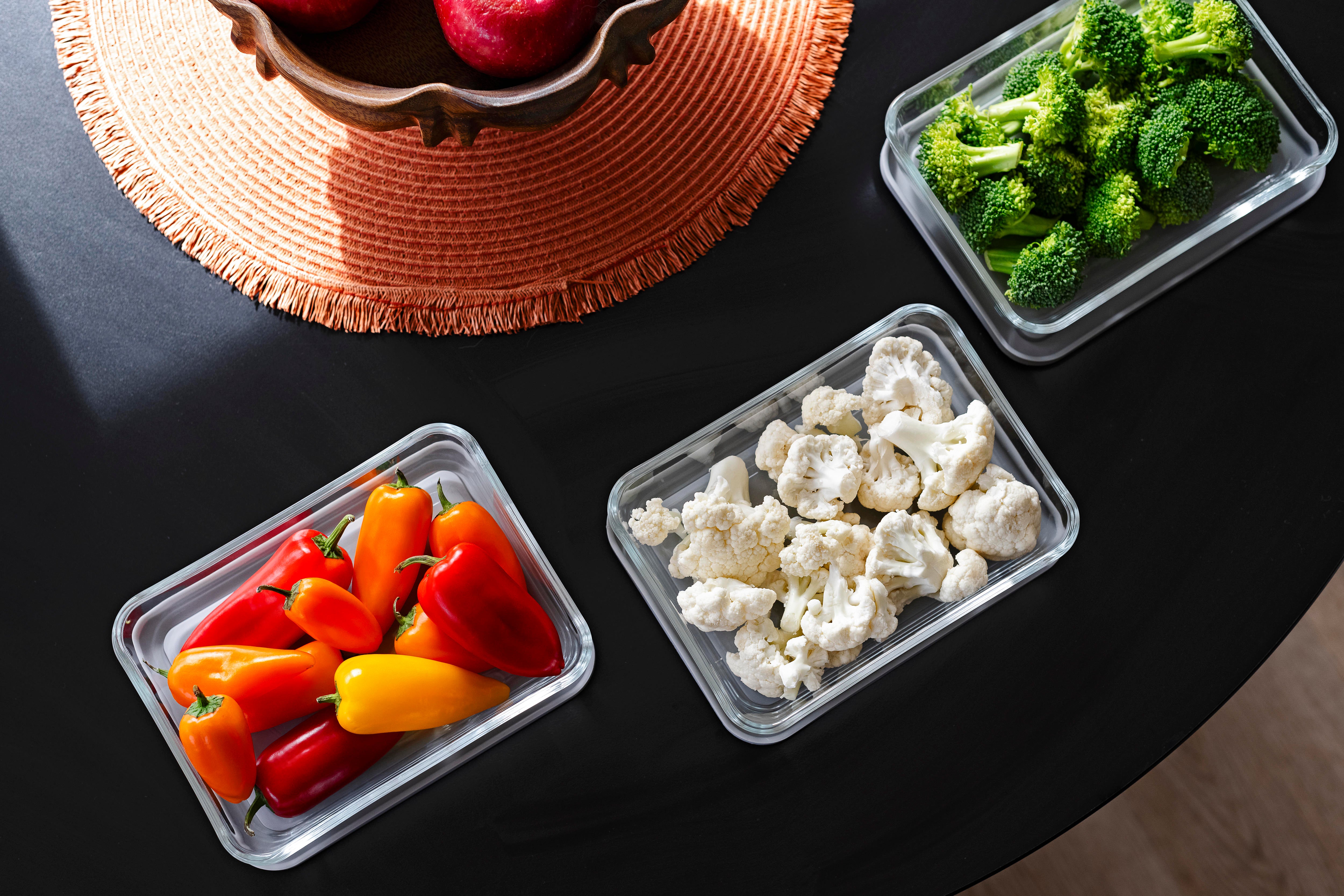 Glass Food Storage Containers - 12 Piece (6 Containers + 6 Lids) Rectangular Nesting Space-Saving Set