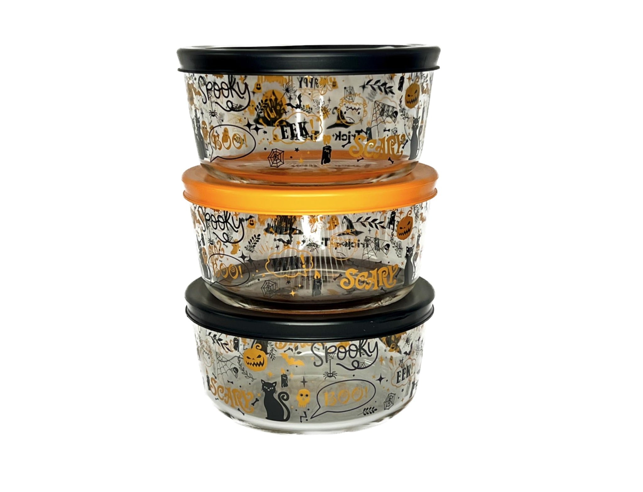 Dura Living Halloween Glass Storage Containers with Lids, 2 Cup Set Set of 6 (3 Containers + 3 Lids)