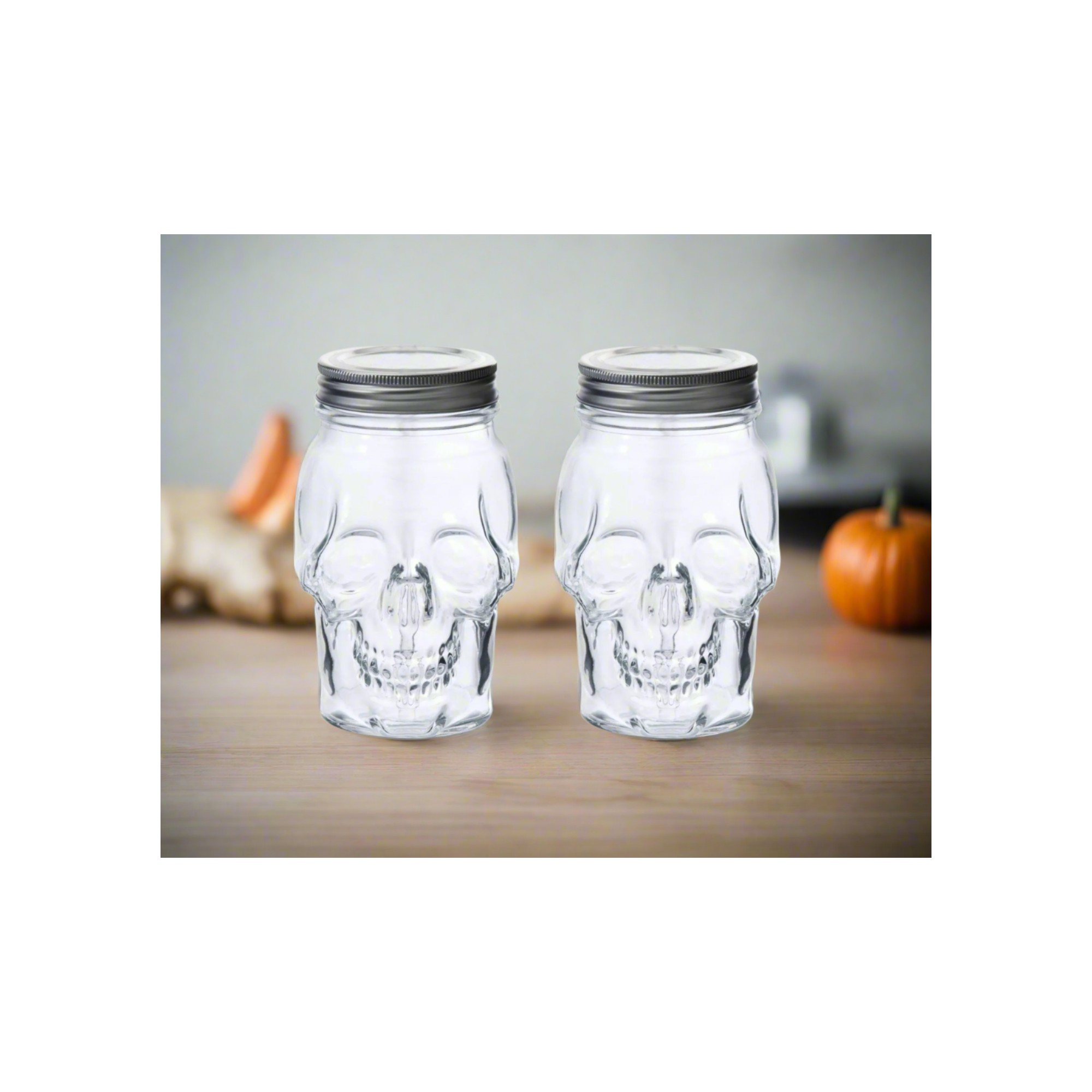 Skull Mason Jar with Lid, 4-Piece Set (2 skull Mason Jars & 2 Lids) 16oz, Clear – Full Set – Dura Living