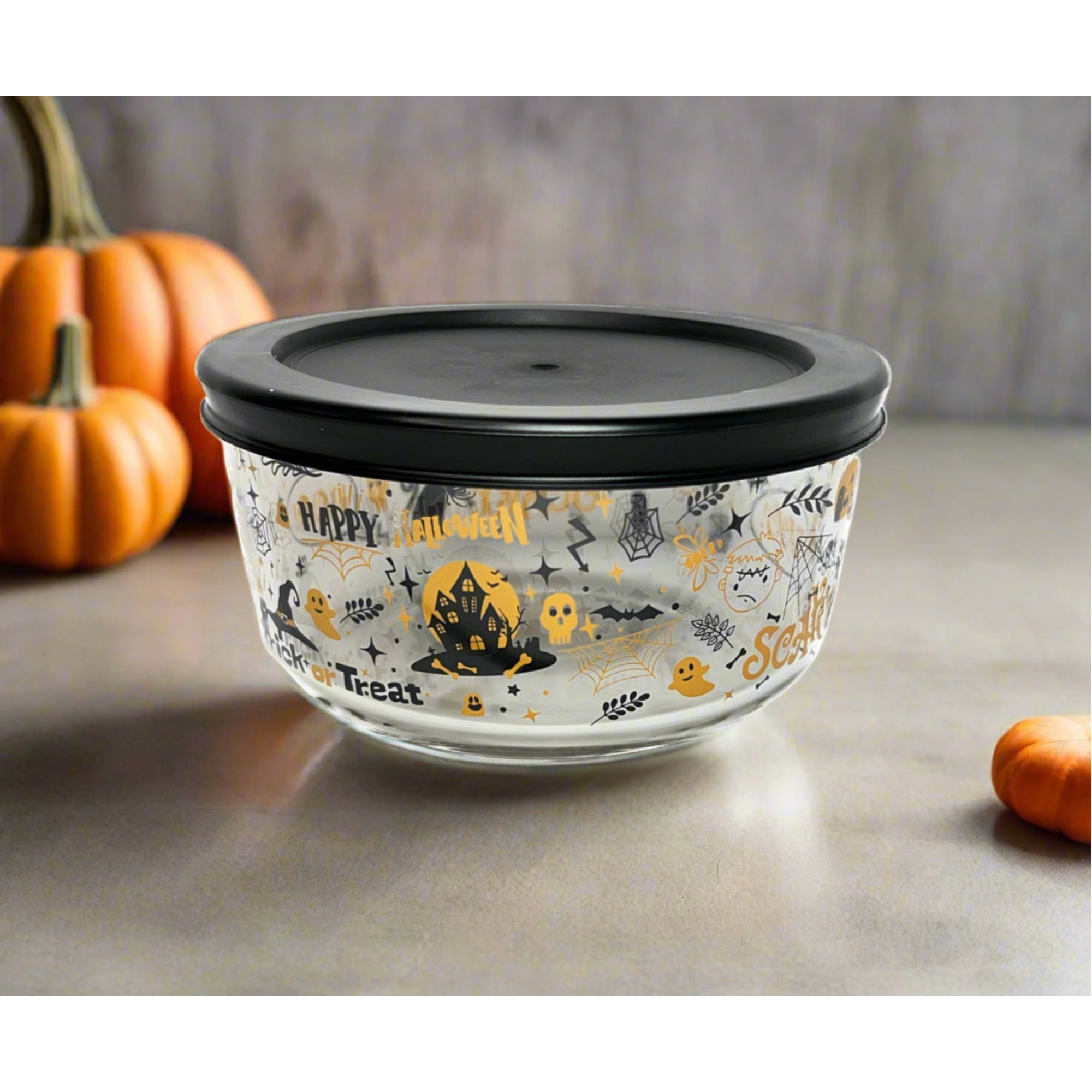 Dura Living Halloween Glass Storage Containers with Lids, 2 Cup Set Set of 6 (3 Containers + 3 Lids) – Scale Reference – Dura Living