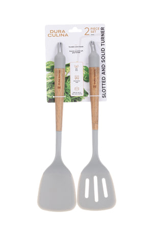 2-Piece Solid & Slotted Turner Set – Acacia Wood Handles, Non-Stick Safe Nylon Heads, Soft Grip Handles, Heat Resistant