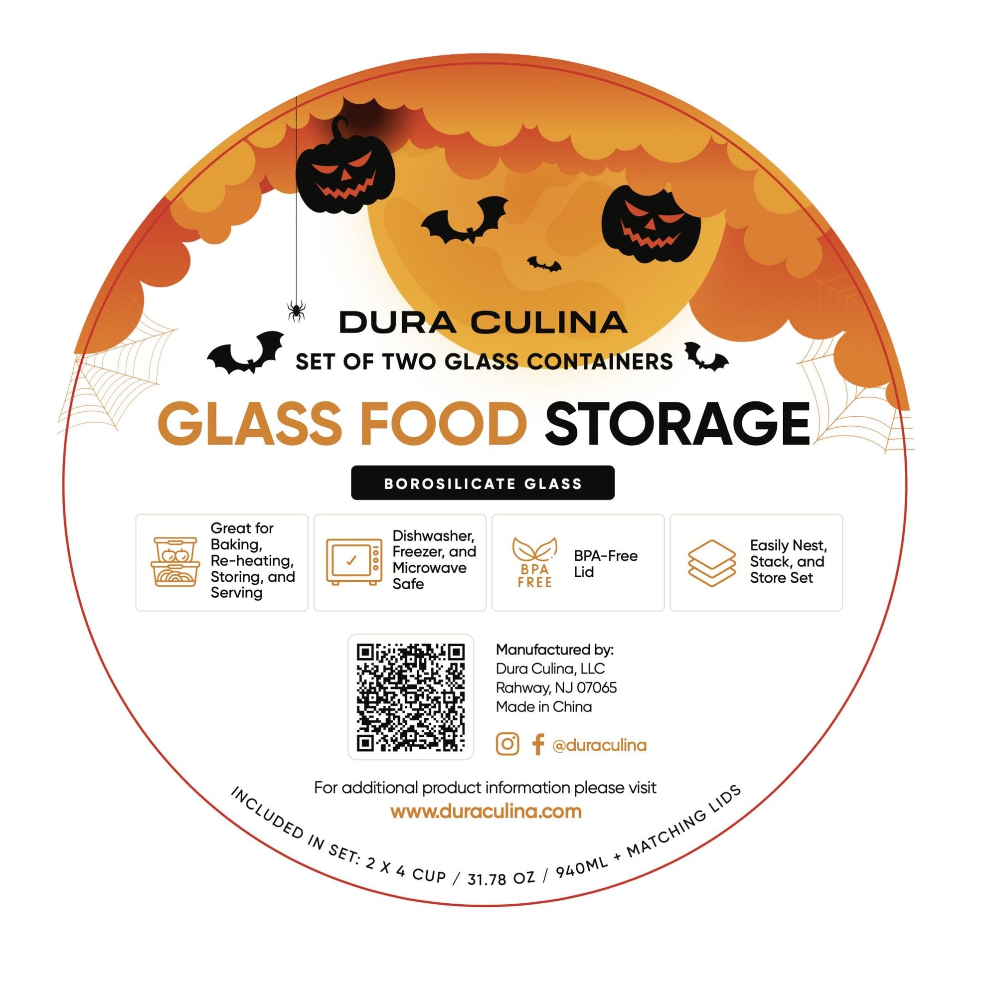 Dura Living Halloween Glass Food Storage Containers - 4 Piece 4 Cup Set (2 Containers + 2 Lids) – Alternate View – Dura Living