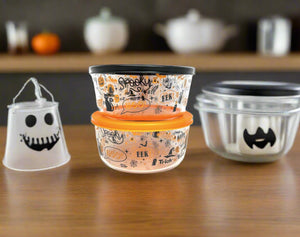 Dura Living Halloween Glass Food Storage Containers - 4 Piece 4 Cup Set (2 Containers + 2 Lids)