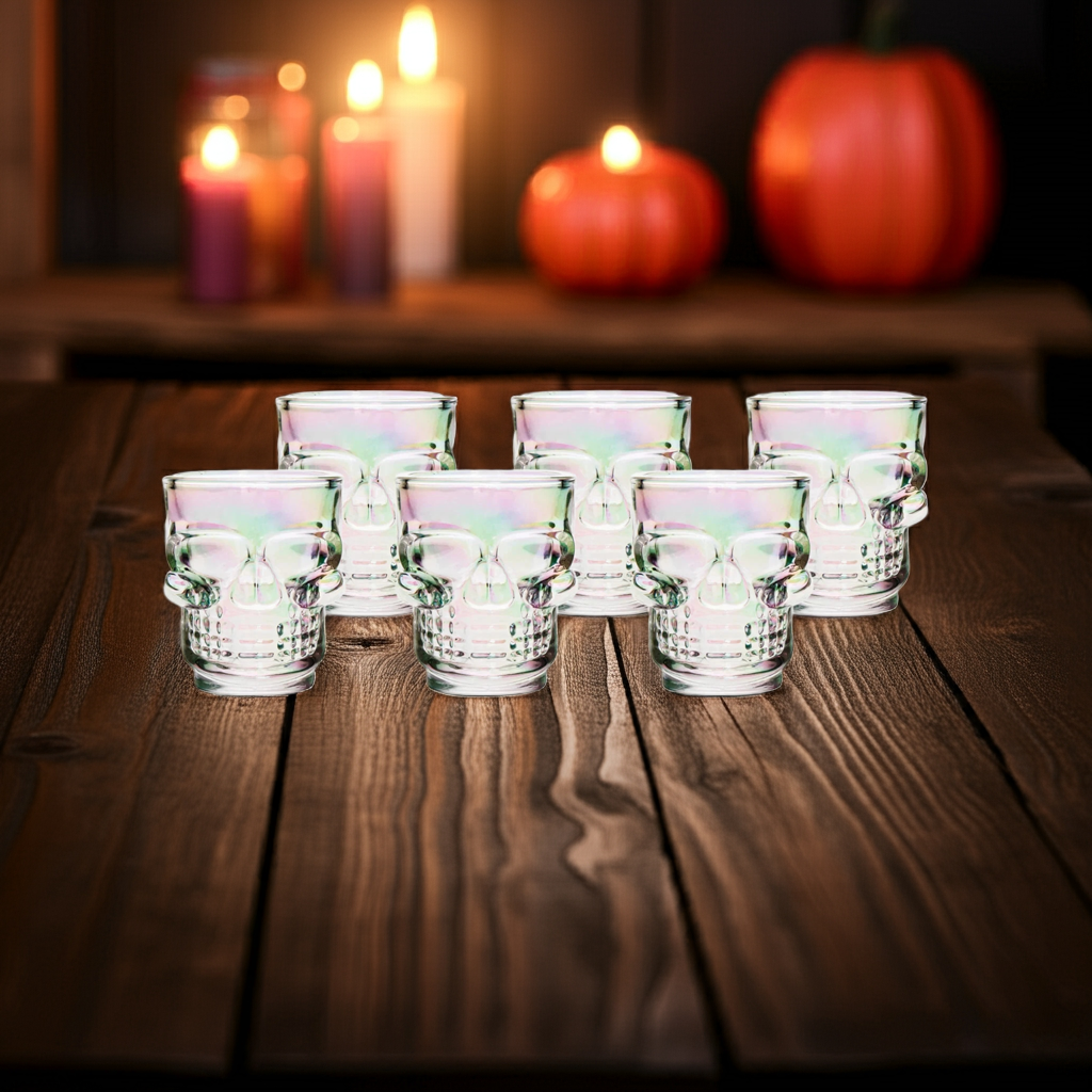 Set of 6 Skull Shot Glasses – 1.75 oz Glass Novelty Drinkware for Halloween Parties, Cocktail Bars & Home Decor
