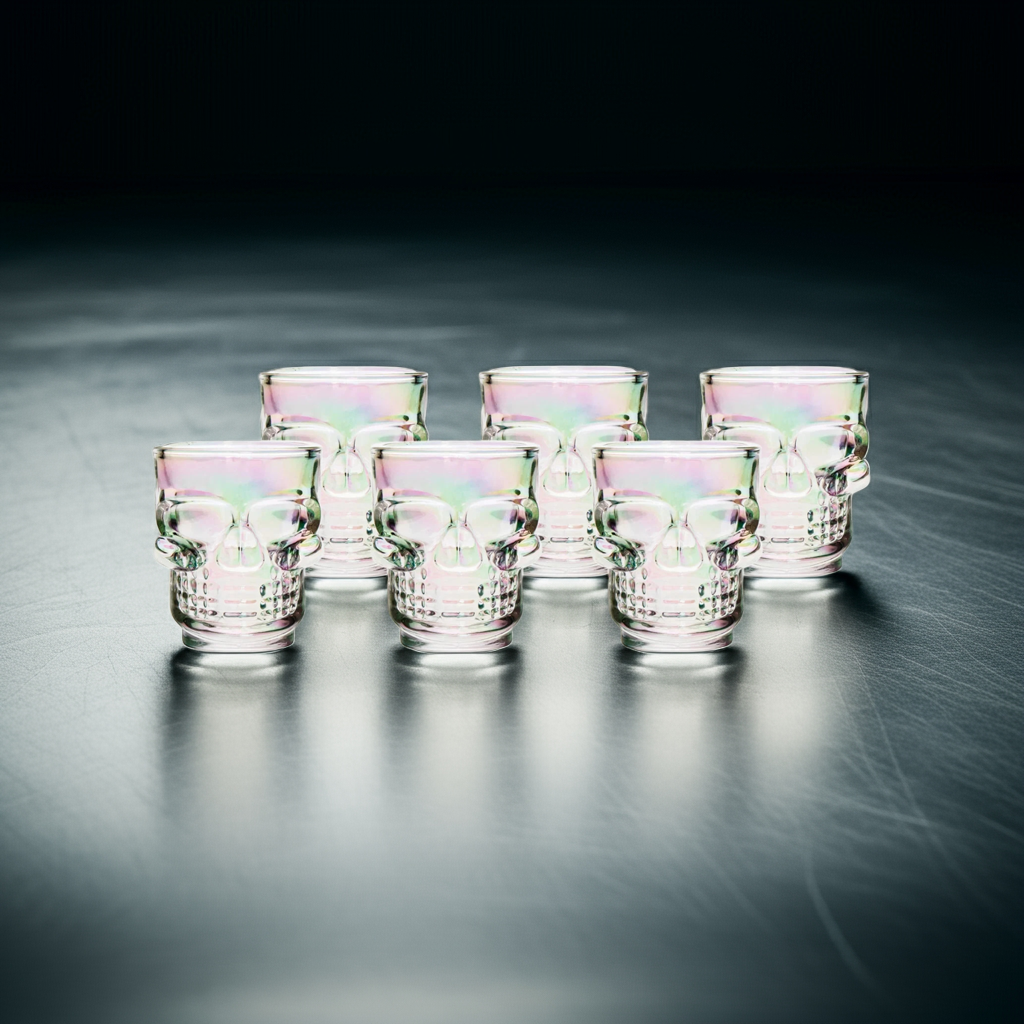 Set of 6 Skull Shot Glasses – 1.75 oz Glass Novelty Drinkware for Halloween Parties, Cocktail Bars & Home Decor