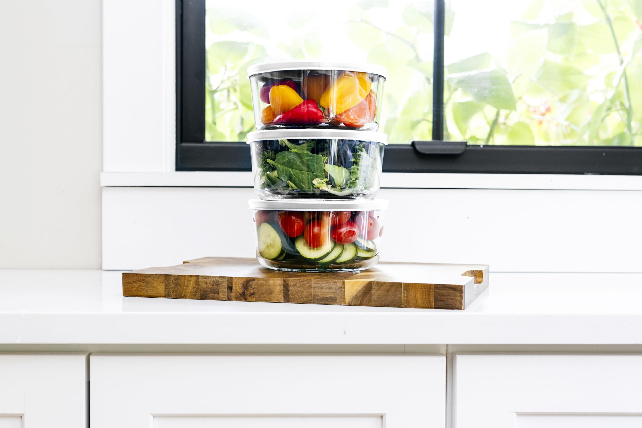 Glass Food Storage Containers - 6 Piece 4 Cup Set (3 Containers + 3 Lids), White