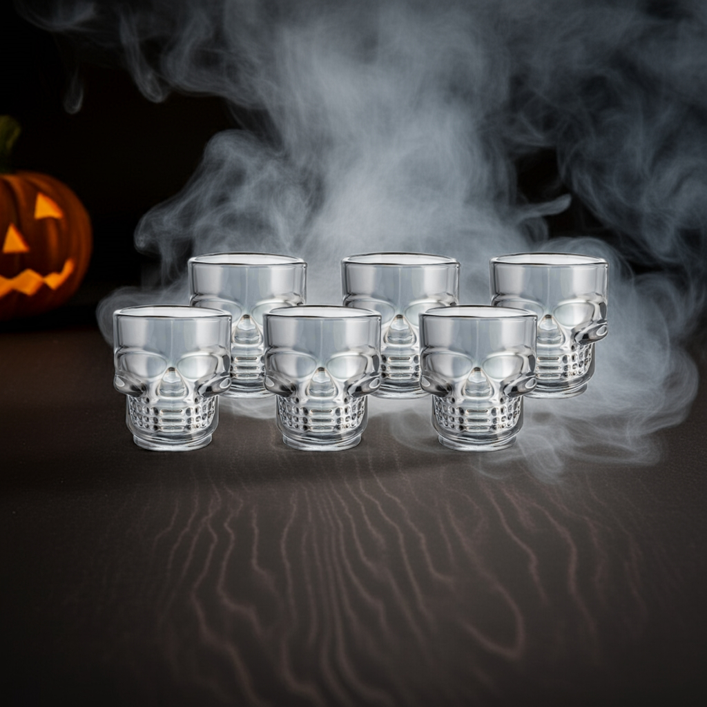 Set of 6 Skull Shot Glasses – 1.75 oz Glass Novelty Drinkware for Halloween Parties, Cocktail Bars & Home Decor