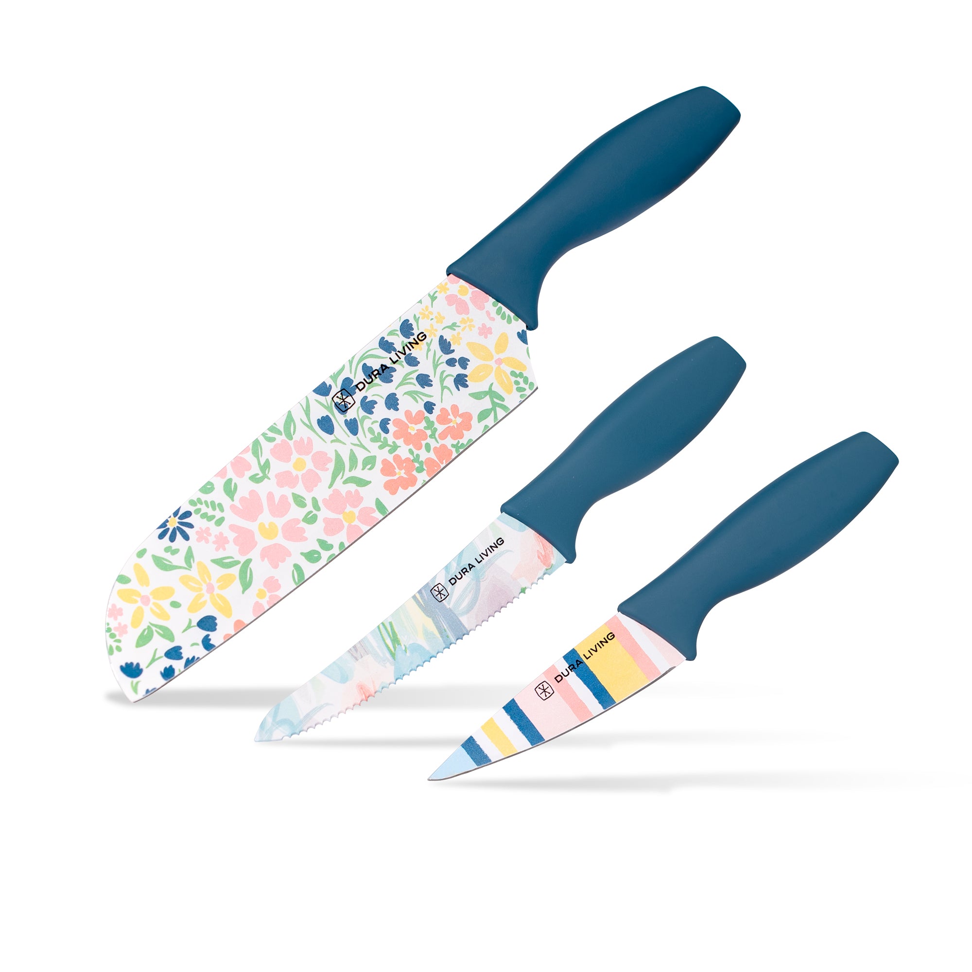Dura Living 3-Piece Printed Kitchen Knife Set - Floral - Blue