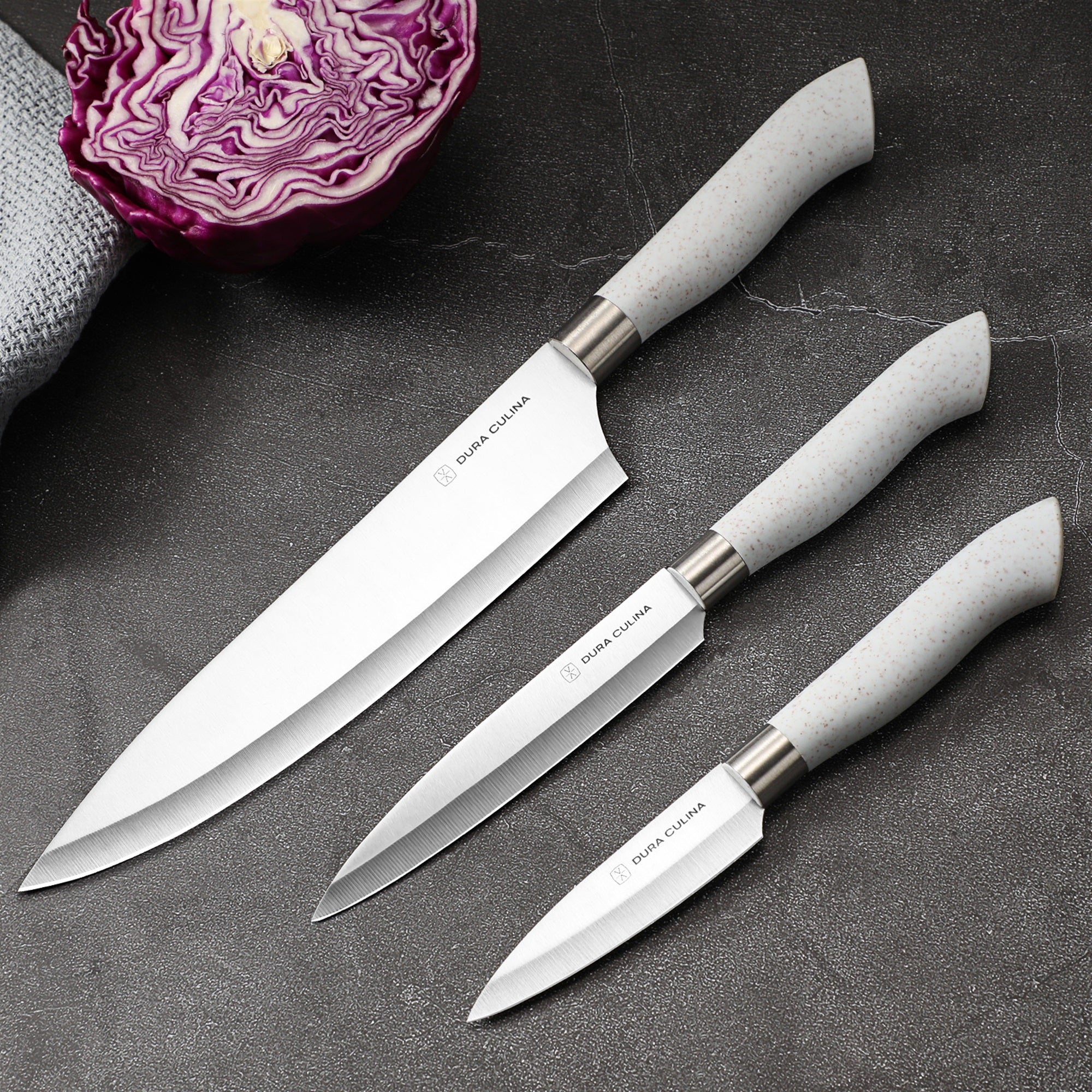 Dura Living EcoCut 3-Piece Kitchen Knife Set - High Carbon Stainless Steel Blades, Sustainable Ergonomic Handles, Eco-Friendly Knives with Sheaths