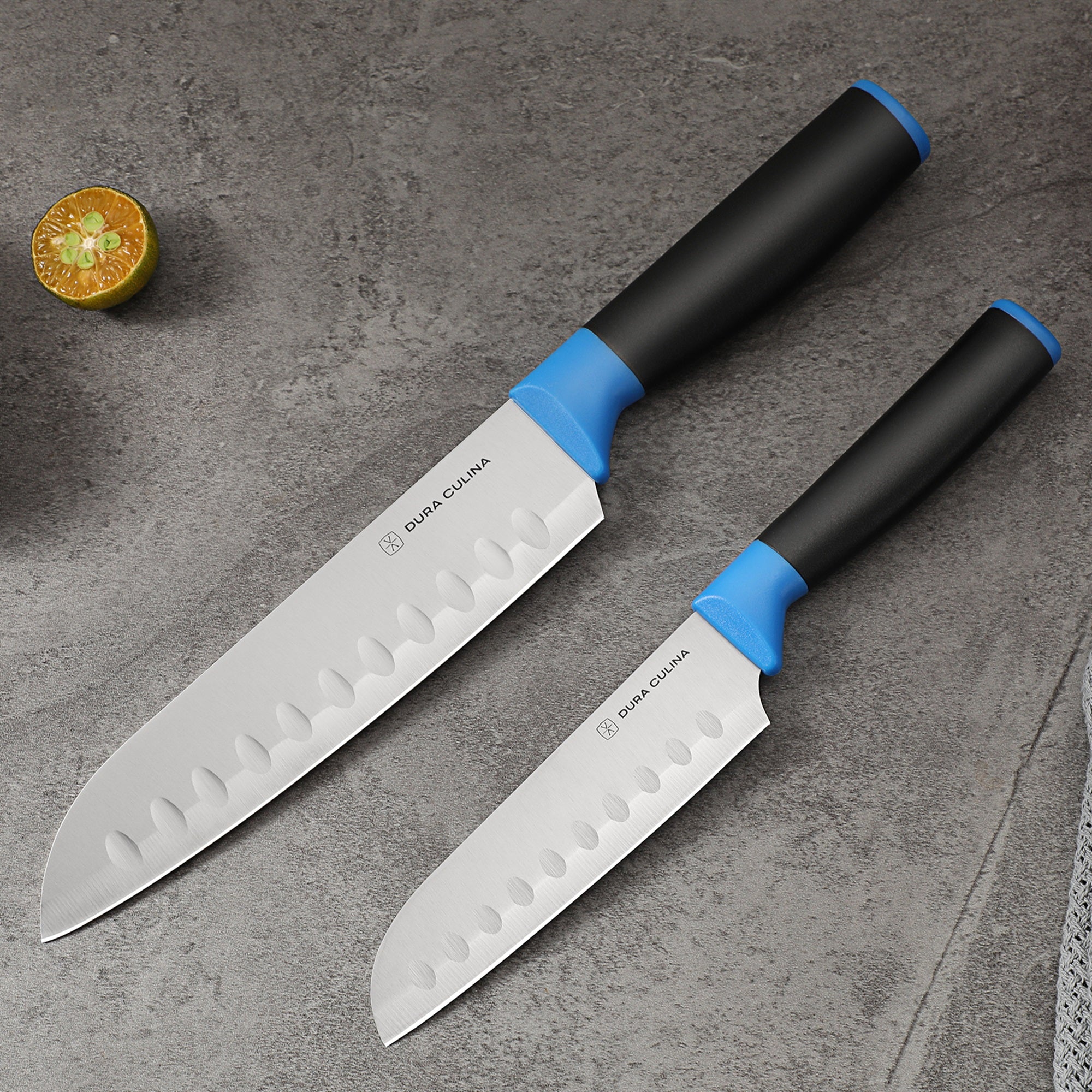 Duo-Grip 2 Piece Santoku Knife Set With Blade Guards, Blue