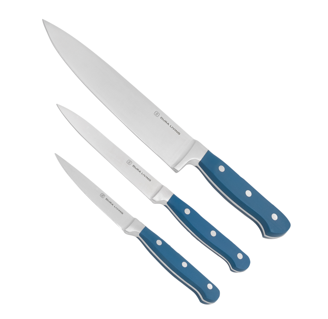 Dura Living EcoCut 3-Piece Kitchen Knife Set - High Carbon Stainless Steel Blades, Eco-Friendly Handles, w/ Sheaths - Blue - 6 Piece