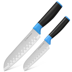 Duo-Grip 2 Piece Santoku Knife Set With Blade Guards, Blue
