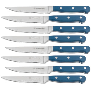 Dura Living 8 Piece Forged High Carbon Stainless Steel Steak Knife Set, Royal Blue