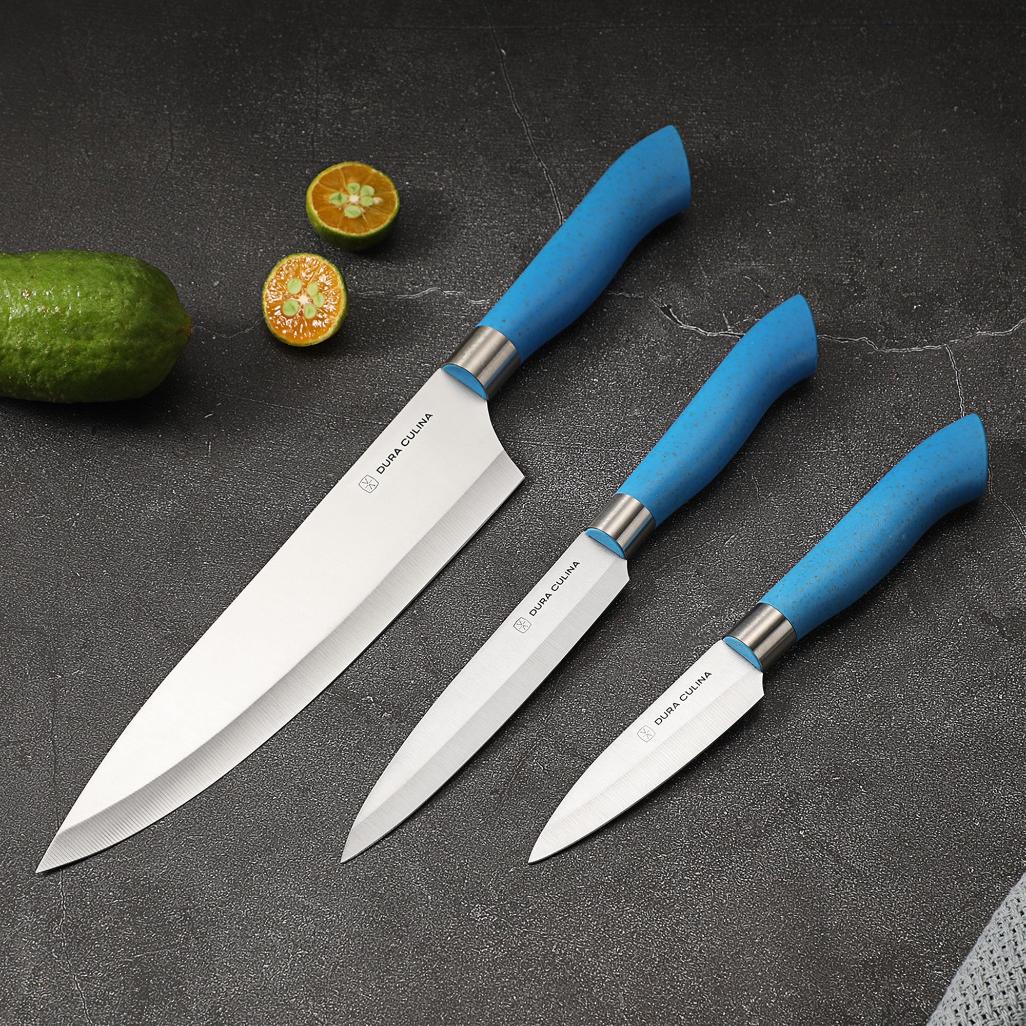 EcoCut 3 Piece Kitchen Knife Set With Blade Guards, Blue