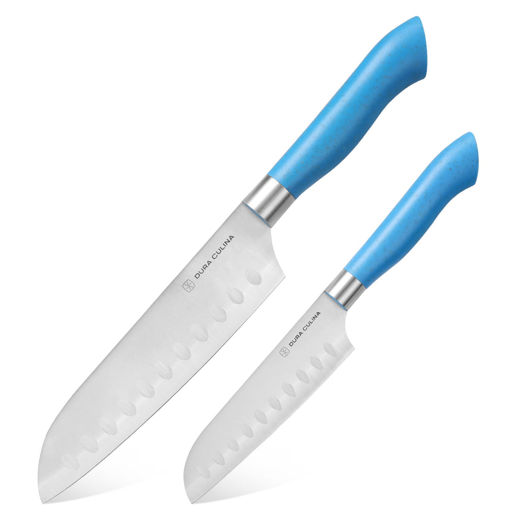 EcoCut 2 Piece Santoku Knife Set With Blade Guards, Blue Dura Living