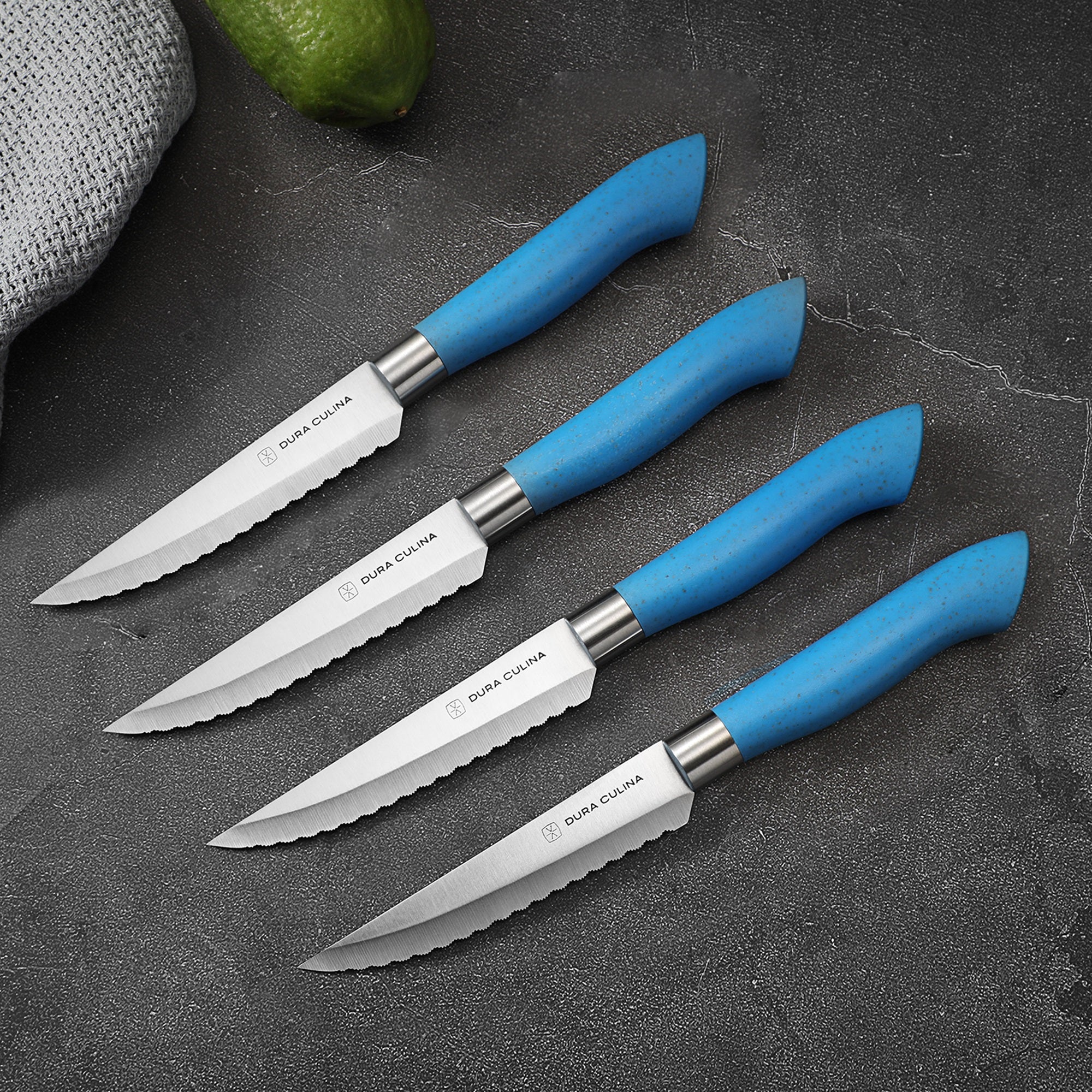 Dura Living EcoCut 8-Piece Steak Knife Set - High Carbon Micro Serrated Stainless Steel Blades, Eco-Friendly Handles - Blue - 8 Piece