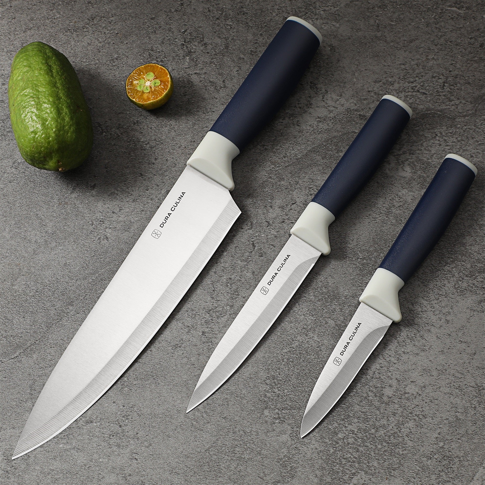 Duo-Grip 3 Piece Kitchen Knife Set With Blade Guards, Grey